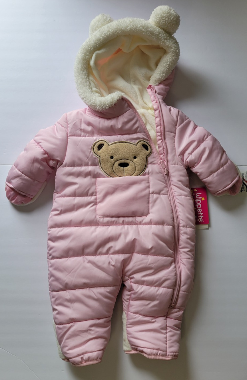 NWT Wippette Baby Girls 9M Pink Teddy Bear Hooded Snowsuit Pram Bunting